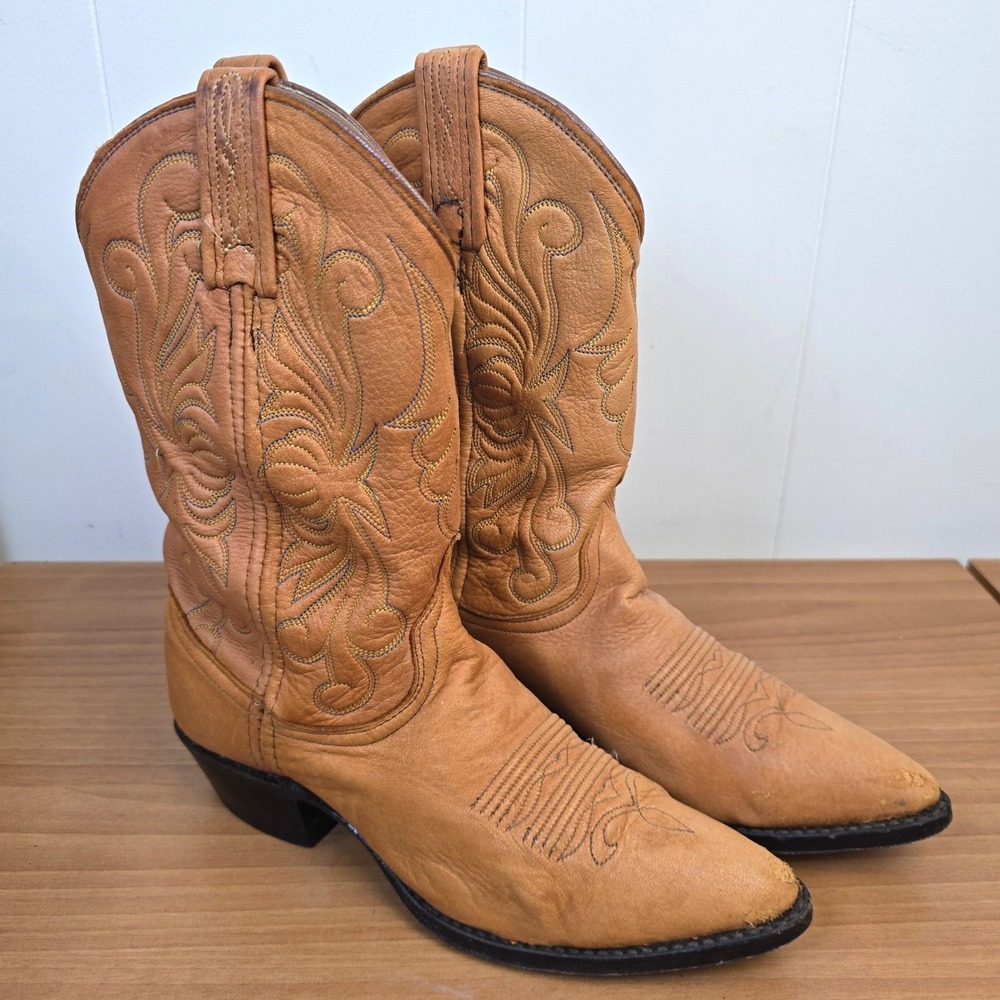 Vintage Dan Post Cowboy Boots Womens 6.5 Tan Leather Pointed Toe Western Cowgirl